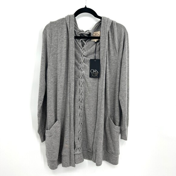 NWT CHASER Gray Super Soft Lace Up Back Hooded Cardigan Sweater Size Medium - Picture 3 of 7